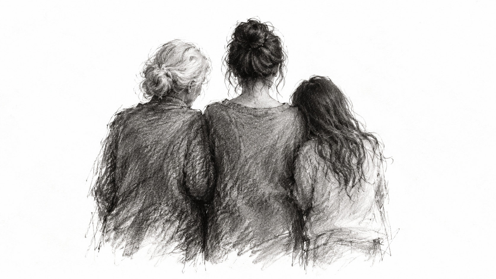 Trois silhouettes de dos, côte à côte, dessinées au fusain et au crayon